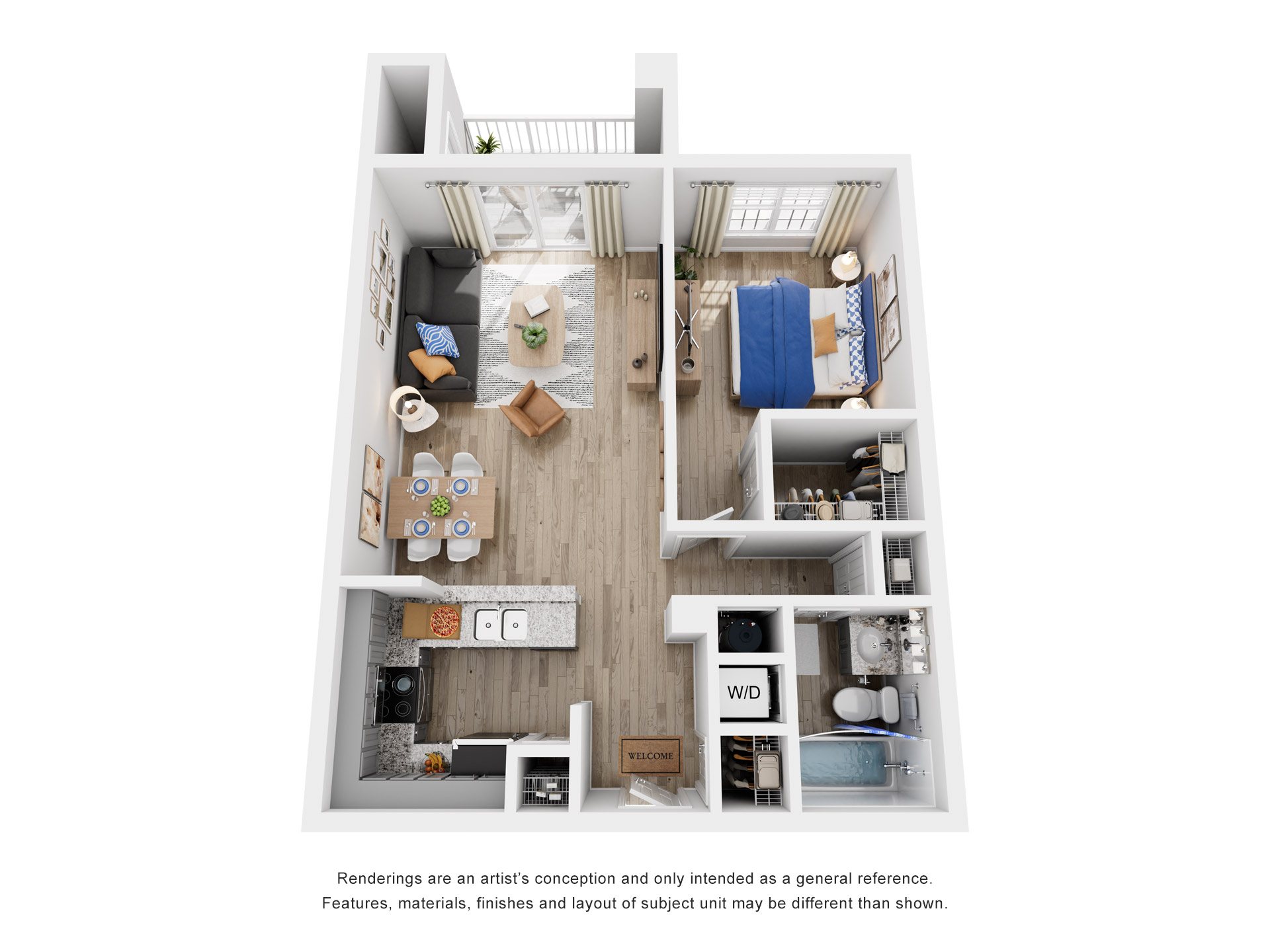Floor plan for 1 bed, 1 bath, 850 sqft